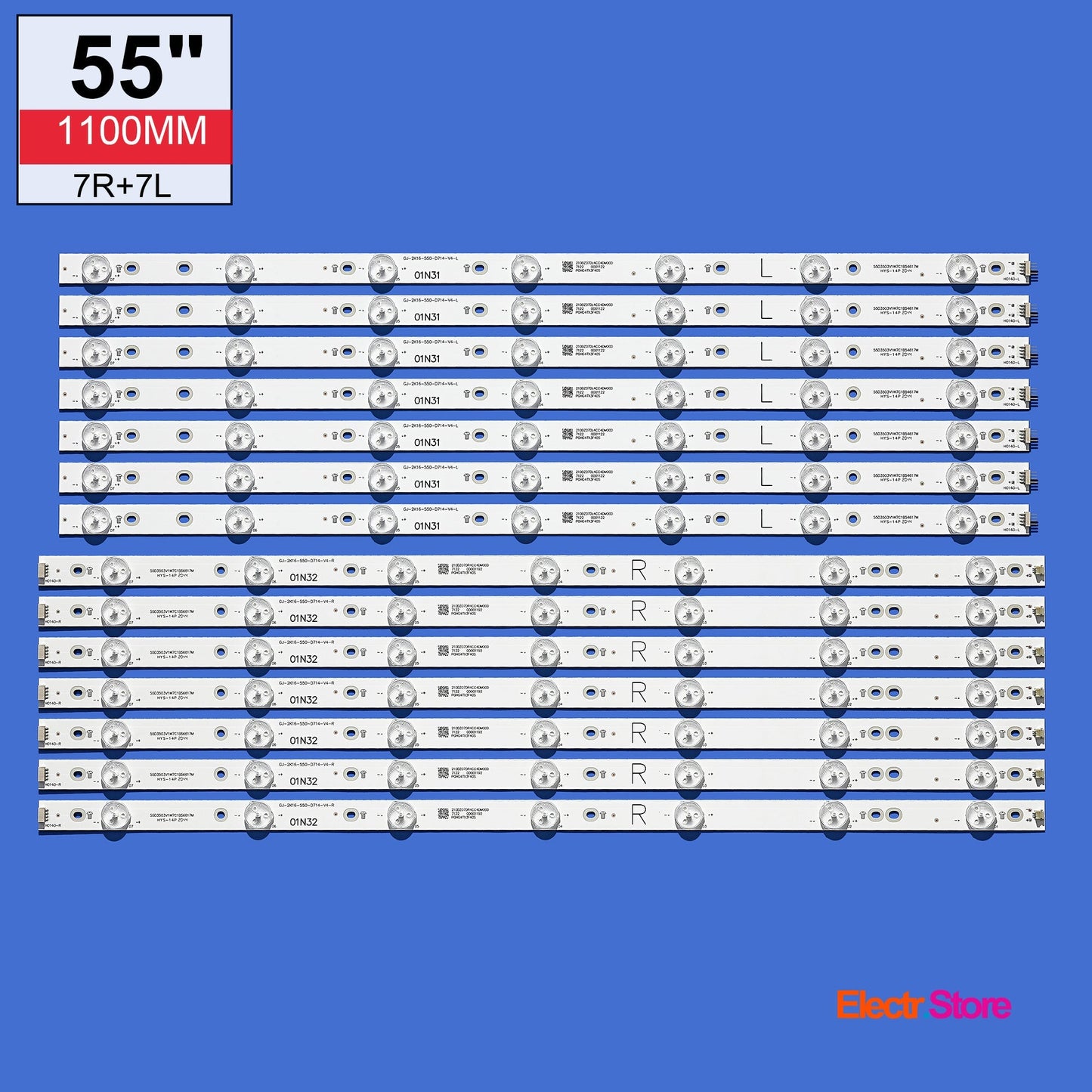 LED backlight Strip Kits, LB55072, LB-PM3030-GJD2P5557X14AGF2-L/R-Y, GJ-2K16-550-D714-V4-L/R (14 pcs/kit), for TV 55" PHILIPS: 55PUS6401/12, 55PUS6501, 55PUS6561 01N31 01N32 55" GJ-2K16-550-D714-V4 LED Backlights PHILIPS Electr.Store